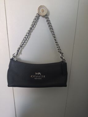 Coach Black Pebbled Leather Shoulder Bag with Silver Chain